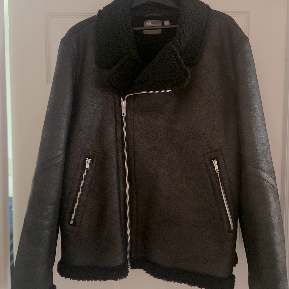 ASOS Design Faux Shearling Biker Jacket with fleece lining in black